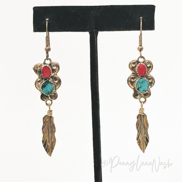 Vintage Jewelry - Vintage Red & Turquoise Bead w/ Feather Swirls Dangle Earrings
